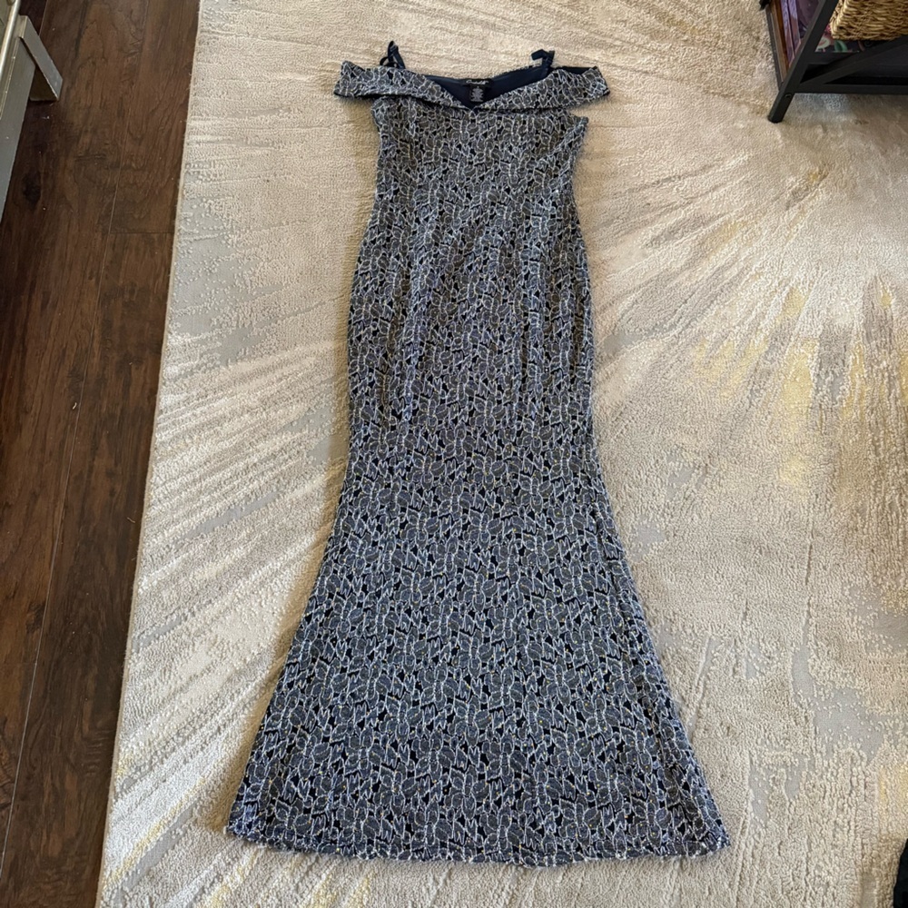 Candalite long lace dress dark blue metallic rhinestones long mermaid small